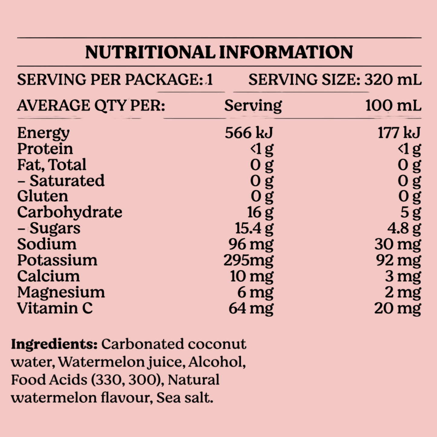 Nutritional information for Coastals Hard Coconut Water (320mL).
Ingredients list for Coastal’s Watermelon Hard Coconut Water: carbonated coconut water, watermelon juice, alcohol, food acids (330, 300), natural flavour, sea salt.