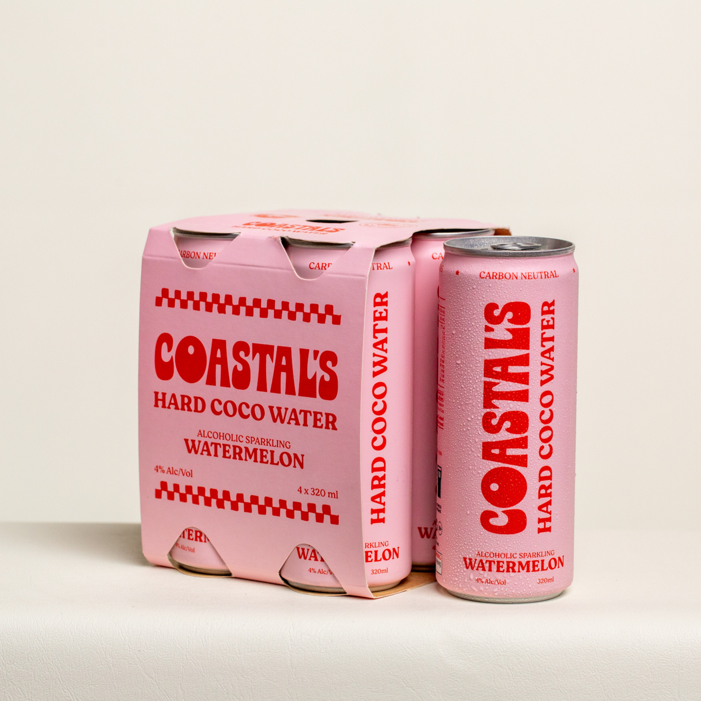 Coastal’s Watermelon Hard Coconut Water can and 4-pack box. Sparkling alcoholic coconut water with vodka and real watermelon juice.