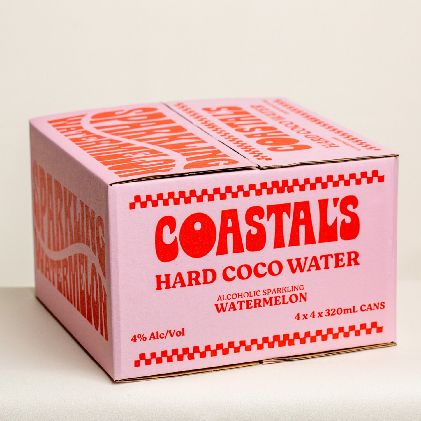 Coastal’s Watermelon Hard Coconut Water 16-pack box. Sparkling alcoholic coconut water with vodka and real watermelon juice.