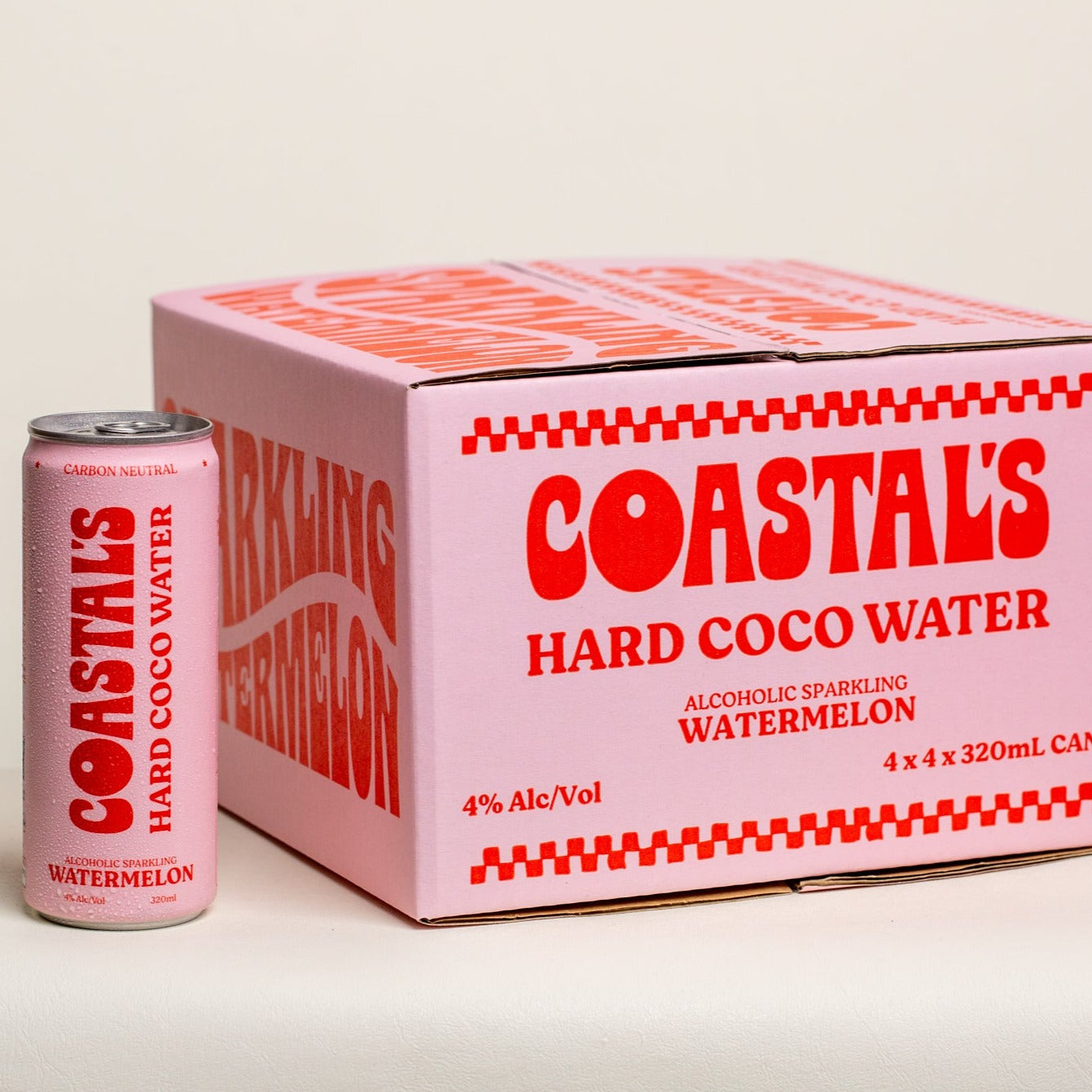 Coastal’s Watermelon Hard Coconut Water can and 16-pack box. Sparkling alcoholic coconut water with vodka and real watermelon juice.