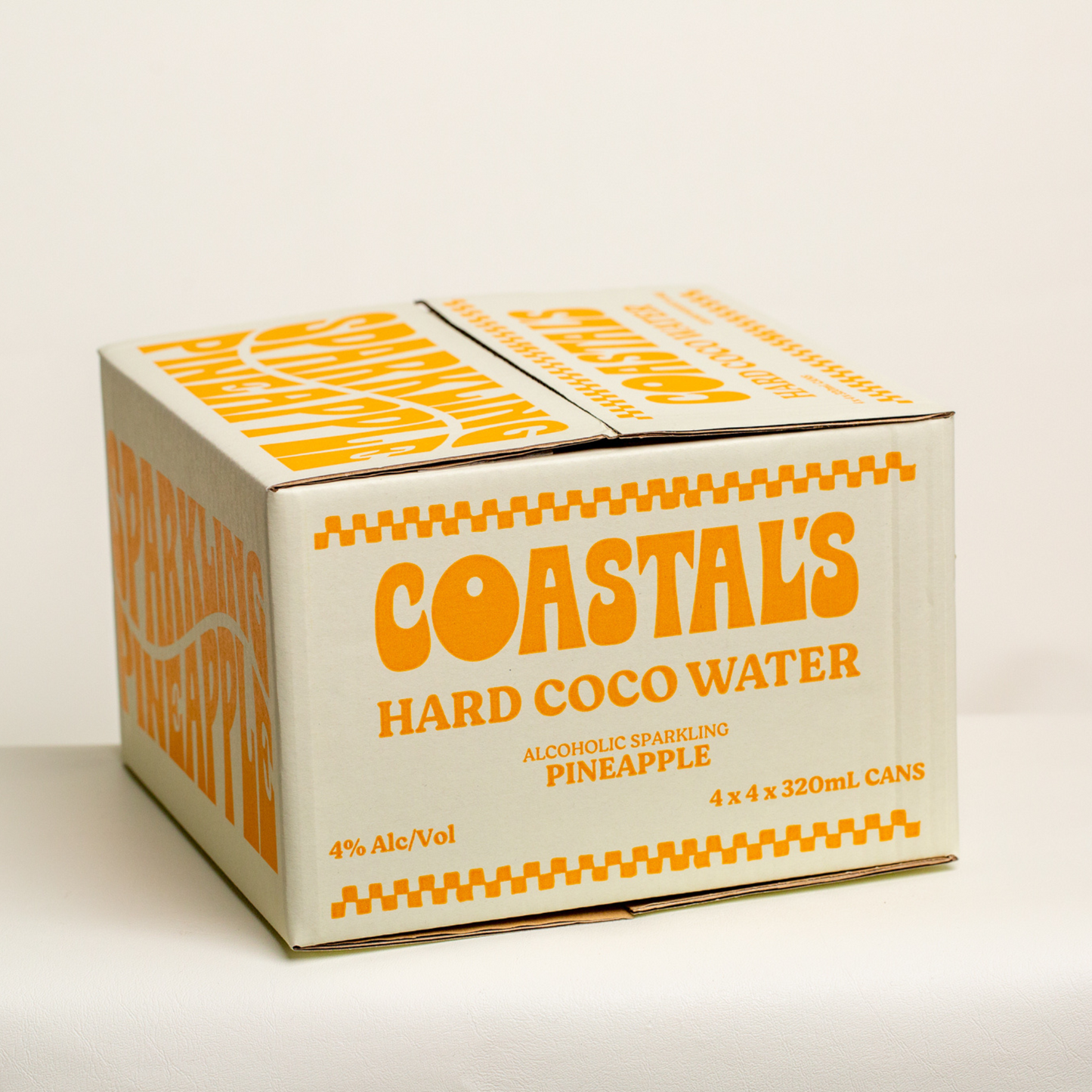 A case of Coastals Pineapple Sparkling Alcoholic Coconut Water with vodka and real pineapple juice, displaying the brand and flavour.
