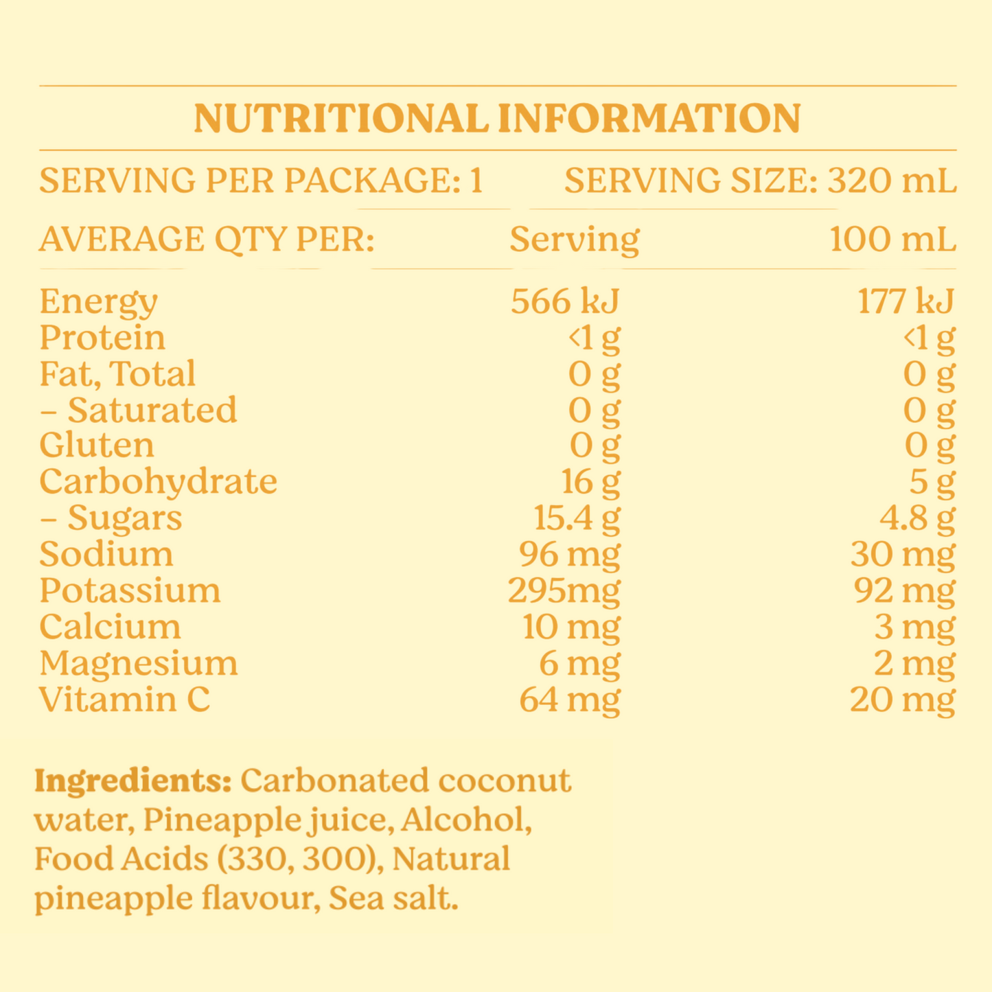 Coastals nutritional information table for Pineapple flavour.
Ingredients list for Coastal’s Pineapple Hard Coconut Water: carbonated coconut water, pineapple juice, alcohol, food acids (330, 300), natural pineapple flavour, sea salt.