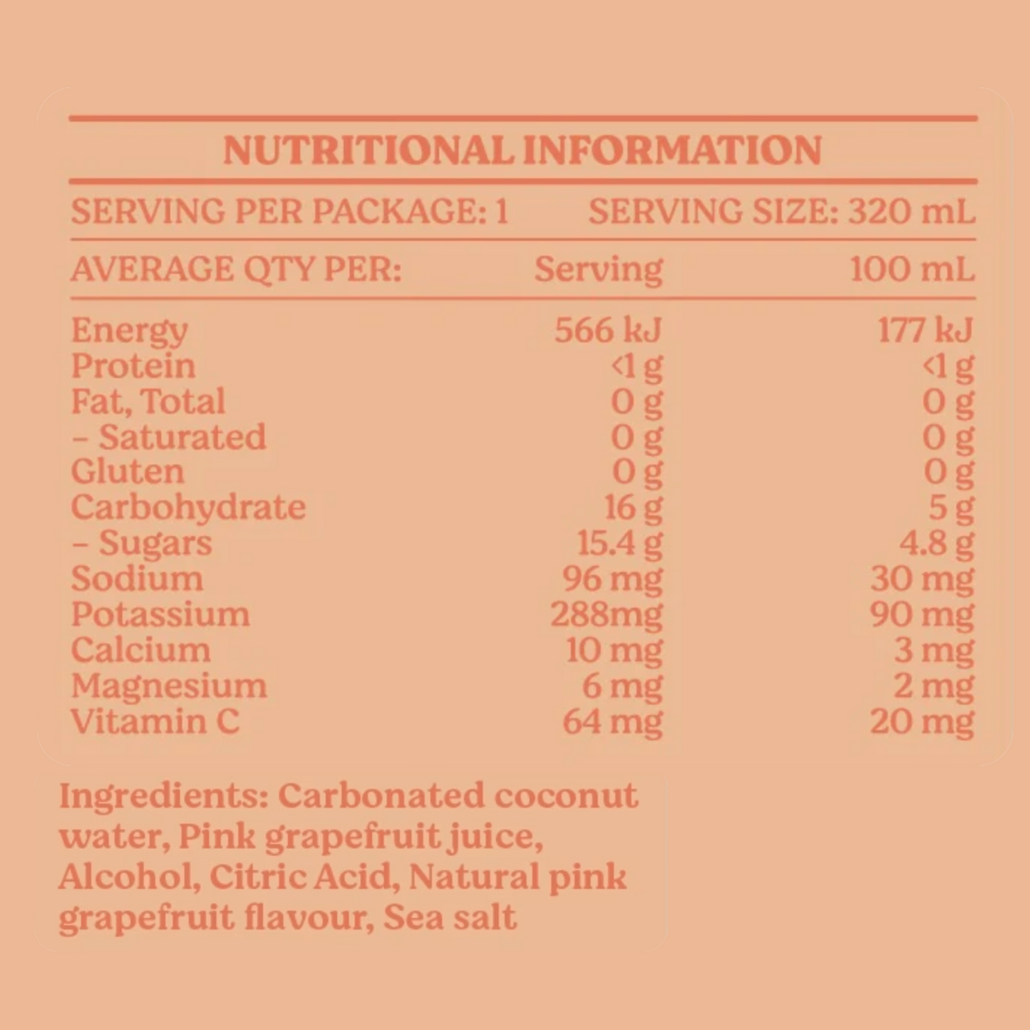Nutritional information table for Coastals drink.
List of ingredients for Coastals drink on a peach background.