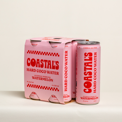 Coastal’s Watermelon Hard Coconut Water can and 4-pack box. Sparkling alcoholic coconut water with vodka and real watermelon juice.