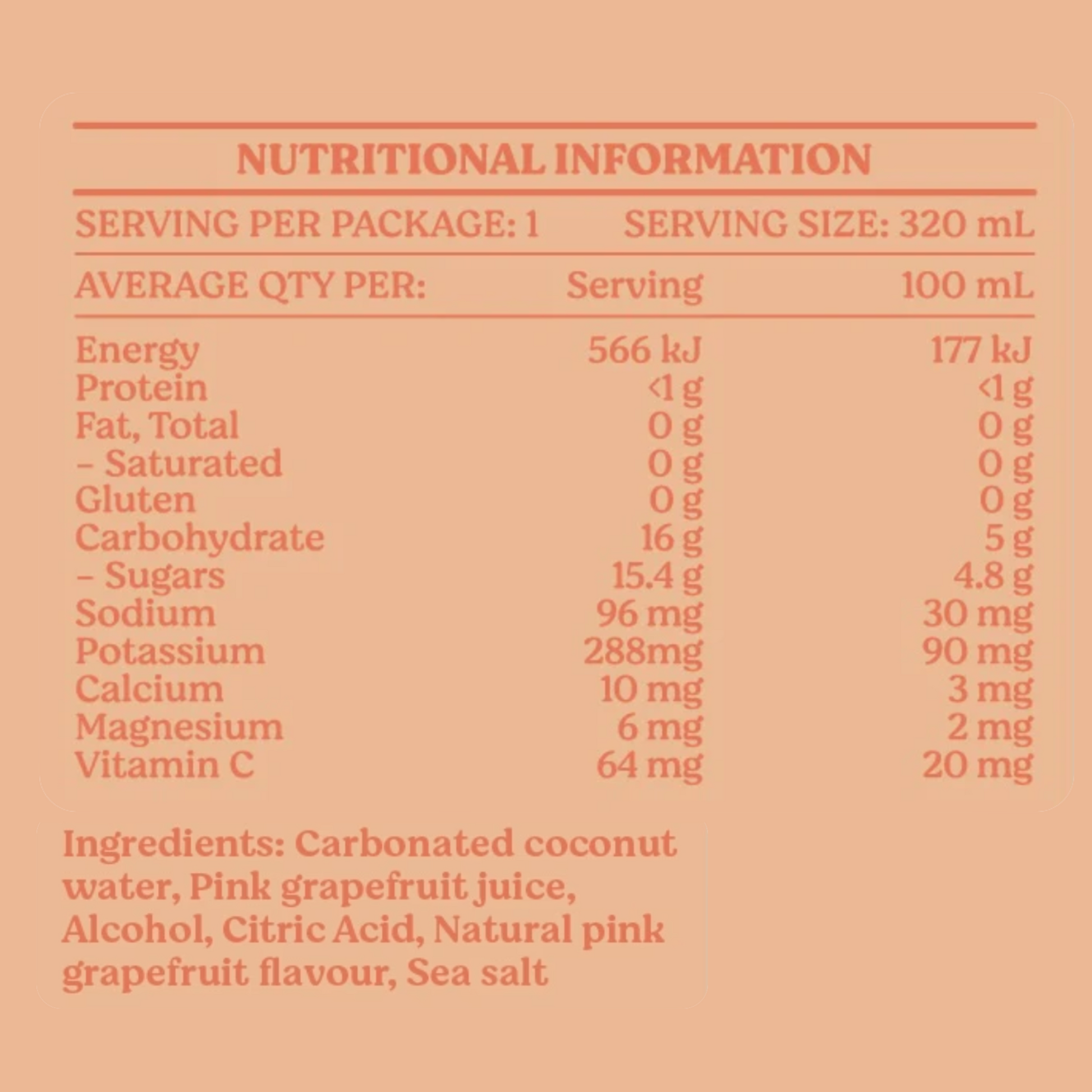 Nutritional information table for Coastals drink.
List of ingredients for Coastals drink on a peach background.