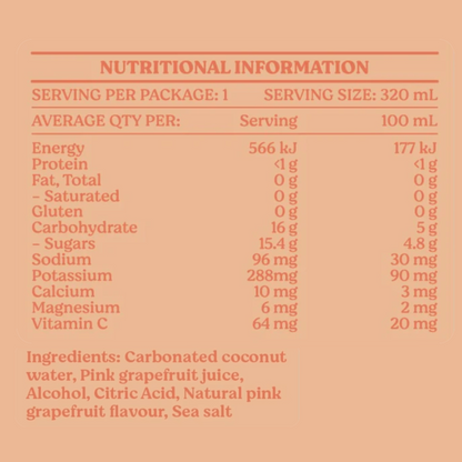 Nutritional information table for Coastals drink.
List of ingredients for Coastals drink on a peach background.